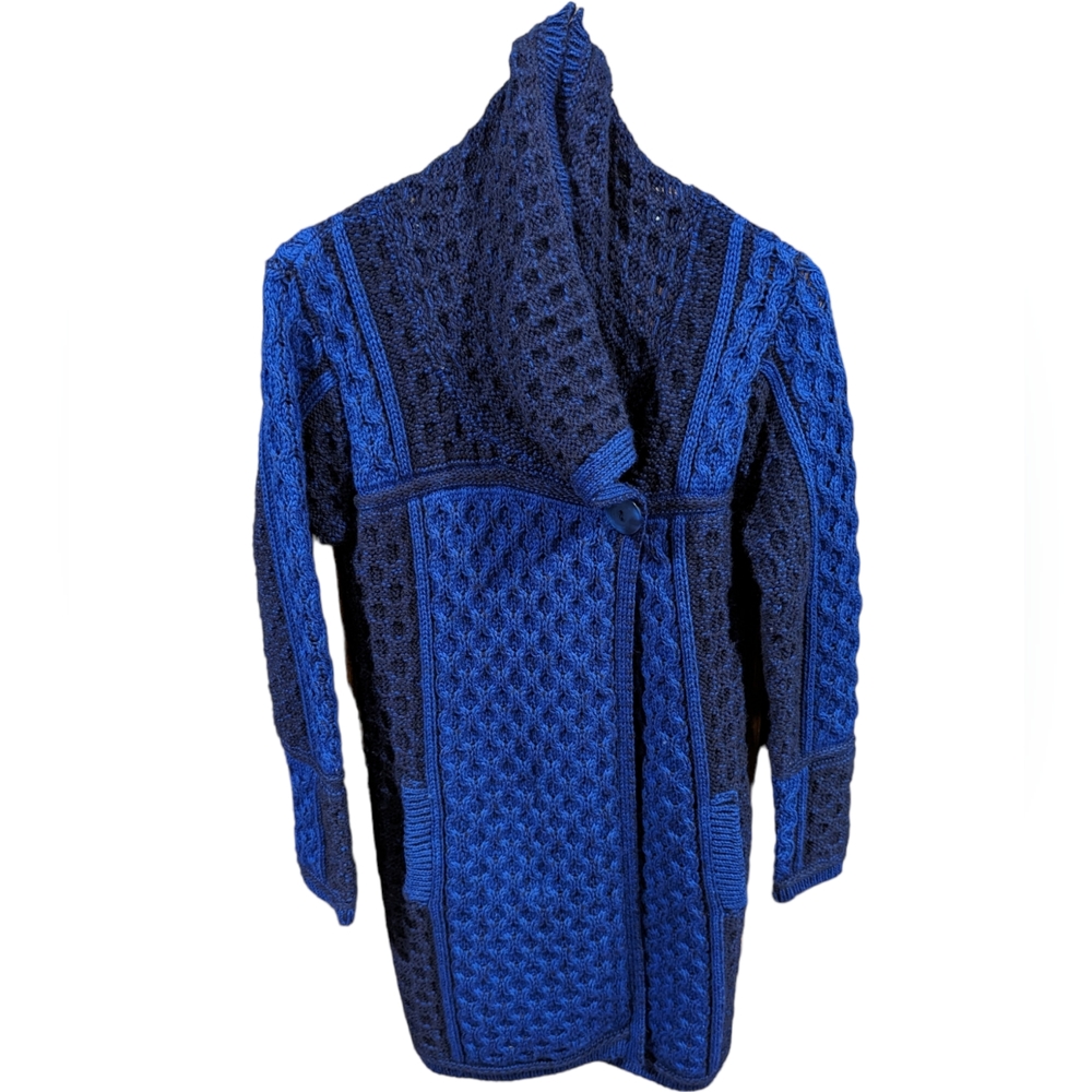 Aran Crafts Cowl Neck Two Tone 100% Merino Wool Coat Size Small Navy & Cobalt